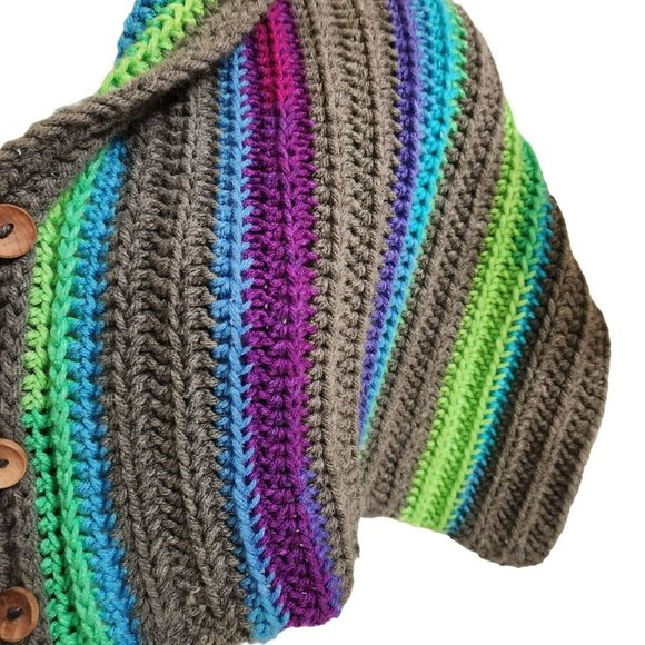 Washable long wide shawl scarf multicolor rainbow handknit wood buttons - Picture 7 of 11